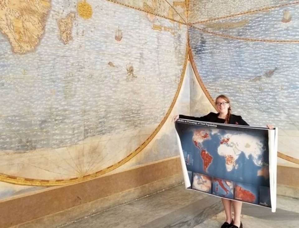 Molly Burhans, pictured in 2017 at the Third Loggia of the Apostolic Palace at the Vatican, has received the Sierra Club's EarthCare award. Her mission is to help the Catholic Church put its huge global landholdings to work for good. (Courtesy of GoodLand