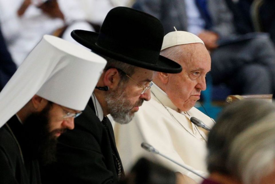 Pope Francis attends the reading of a final declaration during the conclusion of the Congress of Leaders of World and Traditional Religions at the Palace of Peace and Reconciliation in Nur-Sultan, Kazakhstan, Sept. 15.