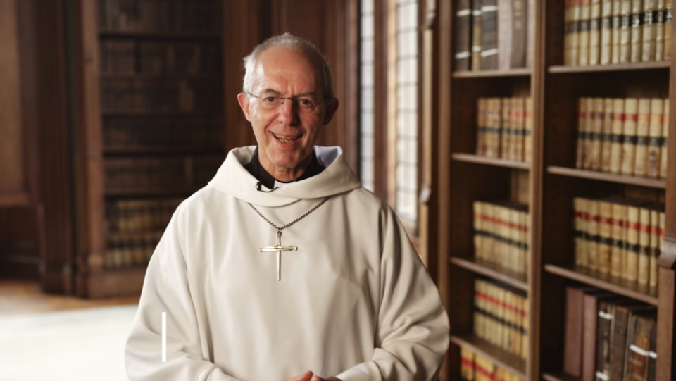 Archbishop of Canterbury Justin Welby speaks in a Sept. 8 video message for the new Community at the Crossing ecumenical residential program at the Episcopal Cathedral of St. John the Divine in New York. (NCR screenshot)