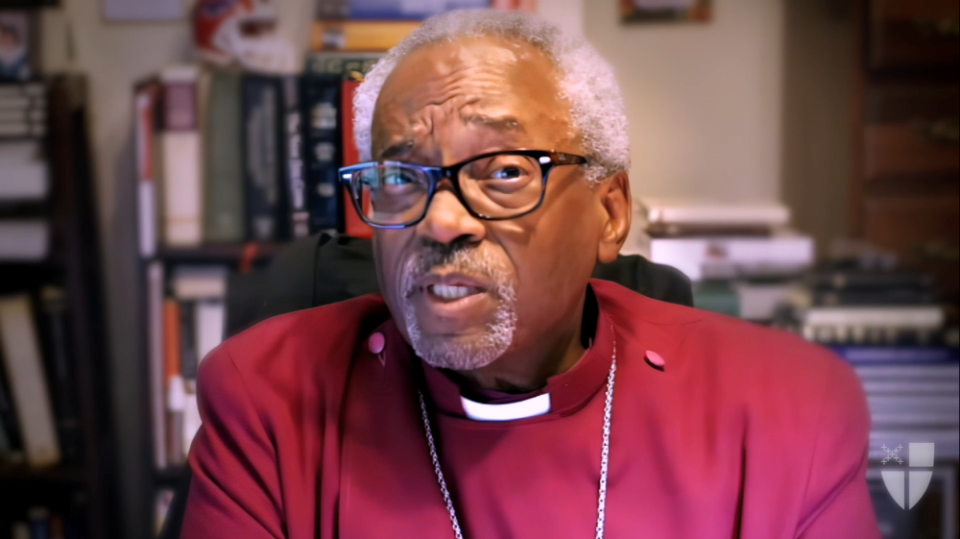 Rev. Michael Curry, presiding bishop of the Episcopal Church, speaks in a Sept. 8 video message for the new Community at the Crossing ecumenical residential program at the Episcopal Cathedral of St. John the Divine in New York. (NCR screenshot)