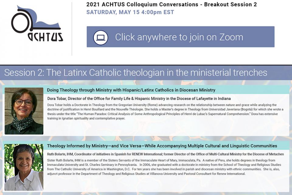Screenshot of the virtual colloquium of the Academy of Catholic Hispanic Theologians of the United States, featuring presenters Dora Tobar and Sr. Ruth Bolarte of the Sisters, Servants of the Immaculate Heart of Mary, who spoke May 15 about being a theolo