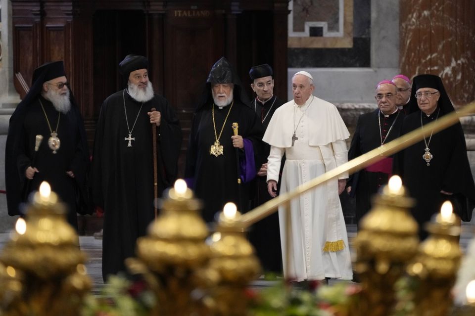 The patriarch of the Syriac Orthodox Church, Moran Mor Ignatius Aphrem II, second from left; the head of the Catholicosate of the Great House of Cilicia of the Armenian Apostolic Church, Aram I, third from left; Cardinal Bechara Boutros al-Rahi, fourth fr The patriarch of the Syriac Orthodox Church, Moran Mor Ignatius Aphrem II, second from left; the head of the Catholicosate of the Great House of Cilicia of the Armenian Apostolic Church, Aram I, third from left; Cardinal Bechara Boutros al-Rahi, fourth fr