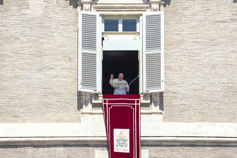 Pope Francis delivers his blessing as he recites the Angelus noon prayer from the window of his studio overlooking St.Peter's Square, at the Vatican, Sunday, Sept. 5, 2021. (AP Photo/Andrew Medichini) Pope Francis delivers his blessing as he recites the Angelus noon prayer from the window of his studio overlooking St.Peter's Square, at the Vatican, Sunday, Sept. 5, 2021. (AP Photo/Andrew Medichini)