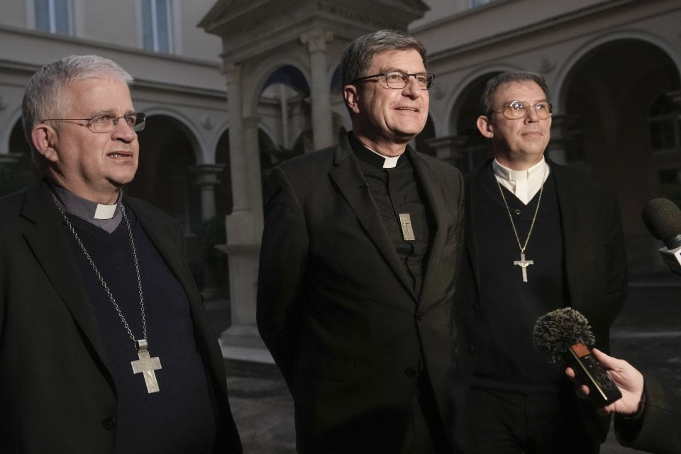 From left, Mons. Olivier Leborgne, Bishop of Arras and Vice-President of the French bishops' conference, Mons. Eric de Moulins-Beaufort, archbishop of Reims and President of the French conference of bishops, and Monsignor Dominique Blanchet, bishop of Cre From left, Mons. Olivier Leborgne, Bishop of Arras and Vice-President of the French bishops' conference, Mons. Eric de Moulins-Beaufort, archbishop of Reims and President of the French conference of bishops, and Monsignor Dominique Blanchet, bishop of Cre