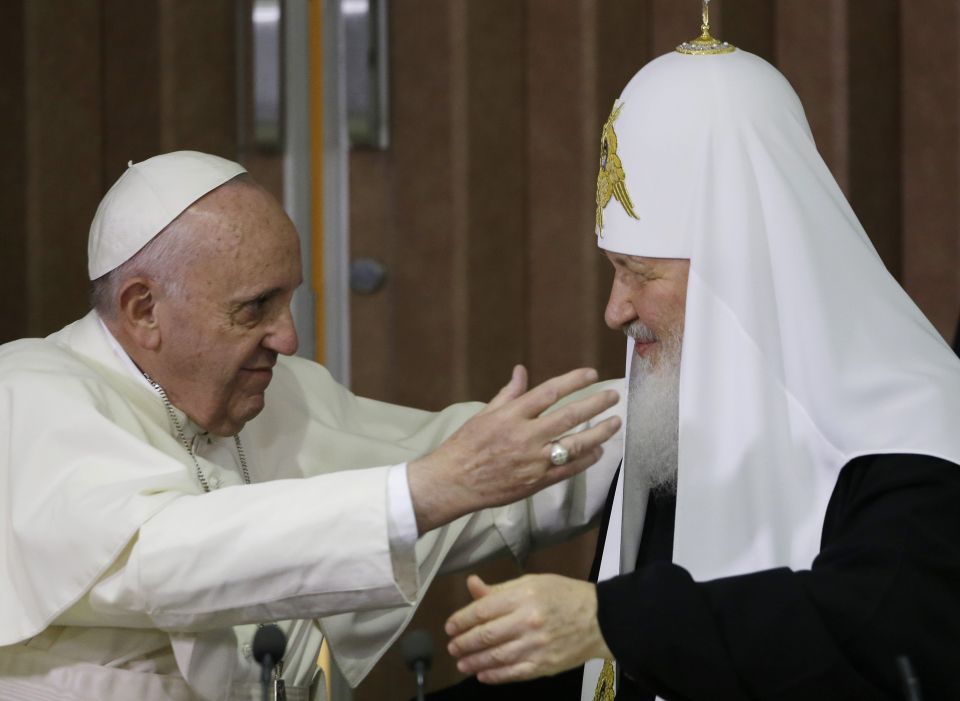 Pope Francis, left, reaches to embrace Russian Orthodox Patriarch Kirill after signing a joint declaration at the Jose Marti International airport in Havana, Cuba, Friday, Feb. 12, 2016. (AP Photo/Gregorio Borgia, Pool, File) Pope Francis, left, reaches to embrace Russian Orthodox Patriarch Kirill after signing a joint declaration at the Jose Marti International airport in Havana, Cuba, Friday, Feb. 12, 2016. (AP Photo/Gregorio Borgia, Pool, File)