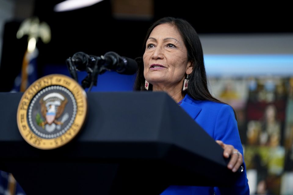 Interior Secretary Deb Haaland speaks Nov. 15 at a Tribal Nations Summit at the White House grounds during Native American Heritage Month. (AP Photo/Evan Vucci)