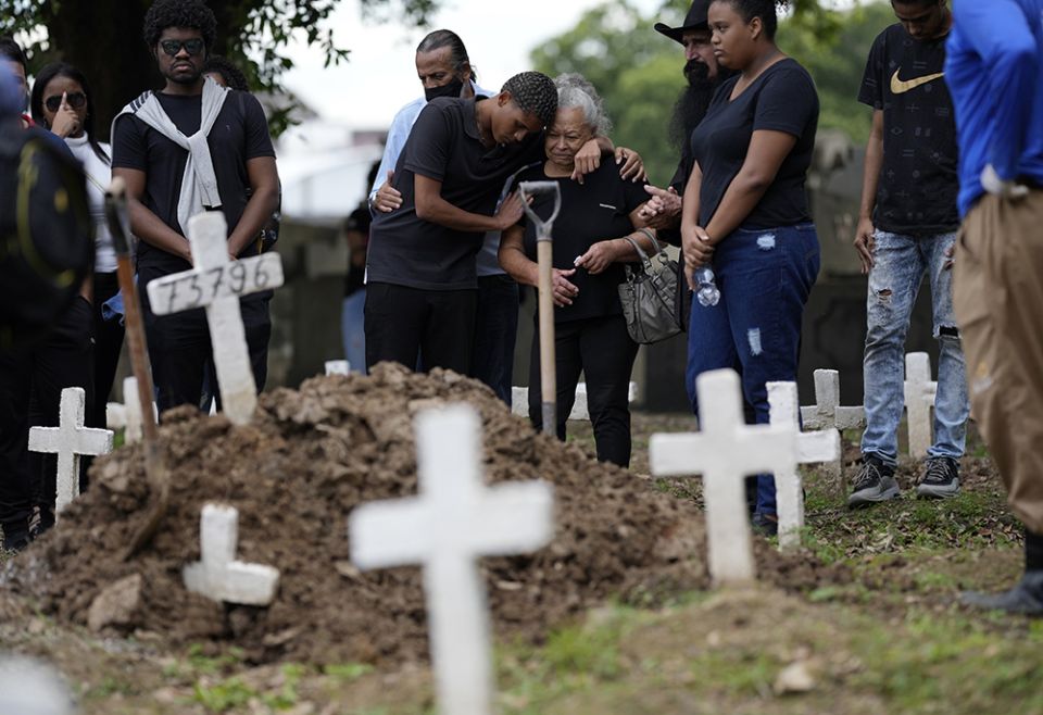 Gabrielle Ferreira da Cunha, 41, who was killed during a police raid in the Vila Cruzeiro favela, at Caju cemetery May 25 in Rio de Janeiro, Brazil. (AP photo/Silvia Izquierdo)