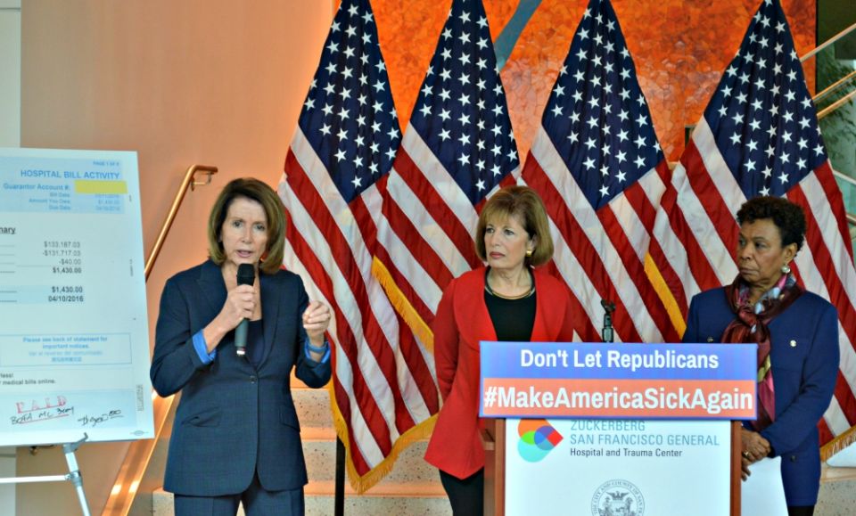 Democratic Reps. Nancy Pelosi, Jackie Speier and Barbara Lee hold a press conference Jan. 7, 2017, on Republican plans to repeal the Affordable Care Act. (Flickr/Nancy Pelosi) Democratic Reps. Nancy Pelosi, Jackie Speier and Barbara Lee hold a press conference Jan. 7, 2017, on Republican plans to repeal the Affordable Care Act. (Flickr/Nancy Pelosi)