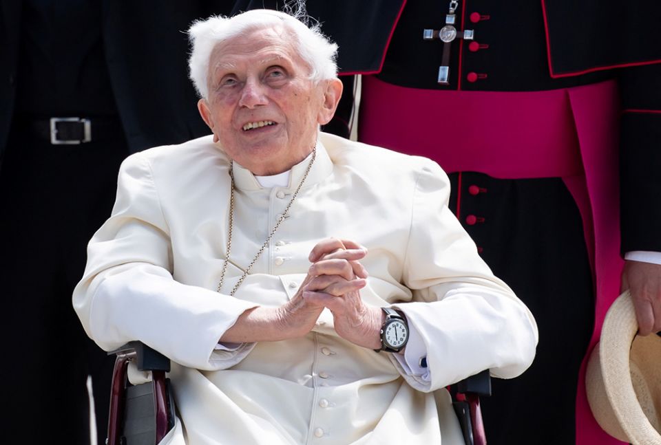Retired Pope Benedict XVI smiles at Germany's Munich Airport before his departure to Rome June 22, 2020. (CNS/Sven Hoppe, pool via Reuters)