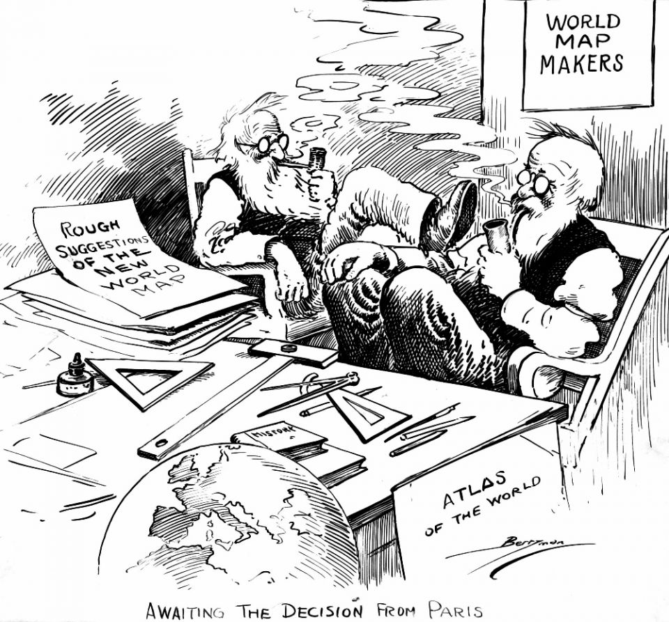 A January 1919 cartoon by U.S. cartoonist Clifford Berryman comments on the Great War's peace negotiations then ongoing in Paris. (U.S. National Archives/Berryman Political Cartoon Collection)