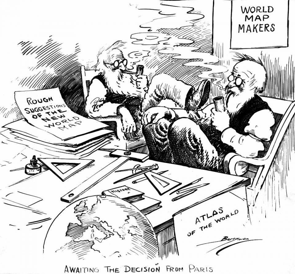 A January 1919 cartoon by U.S. cartoonist Clifford Berryman comments on the Great War's peace negotiations then ongoing in Paris. (U.S. National Archives/Berryman Political Cartoon Collection) A January 1919 cartoon by U.S. cartoonist Clifford Berryman comments on the Great War's peace negotiations then ongoing in Paris. (U.S. National Archives/Berryman Political Cartoon Collection)