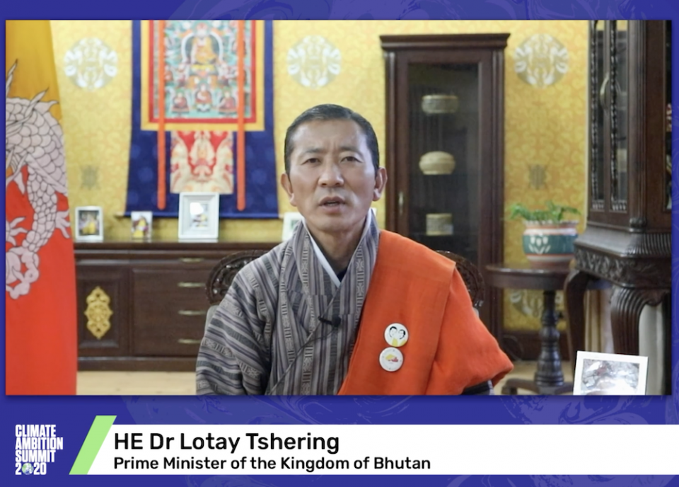 Dr. Lotay Tshering, prime minister of the Kingdom of Bhutan shares a recorded message for the Dec. 12 Climate Ambition Summit hosted virtually by the United Nations. (NCR screenshot)
