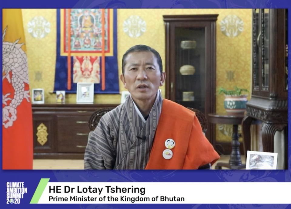 Dr. Lotay Tshering, prime minister of the Kingdom of Bhutan shares a recorded message for the Dec. 12 Climate Ambition Summit hosted virtually by the United Nations. (NCR screenshot) Dr. Lotay Tshering, prime minister of the Kingdom of Bhutan shares a recorded message for the Dec. 12 Climate Ambition Summit hosted virtually by the United Nations. (NCR screenshot)