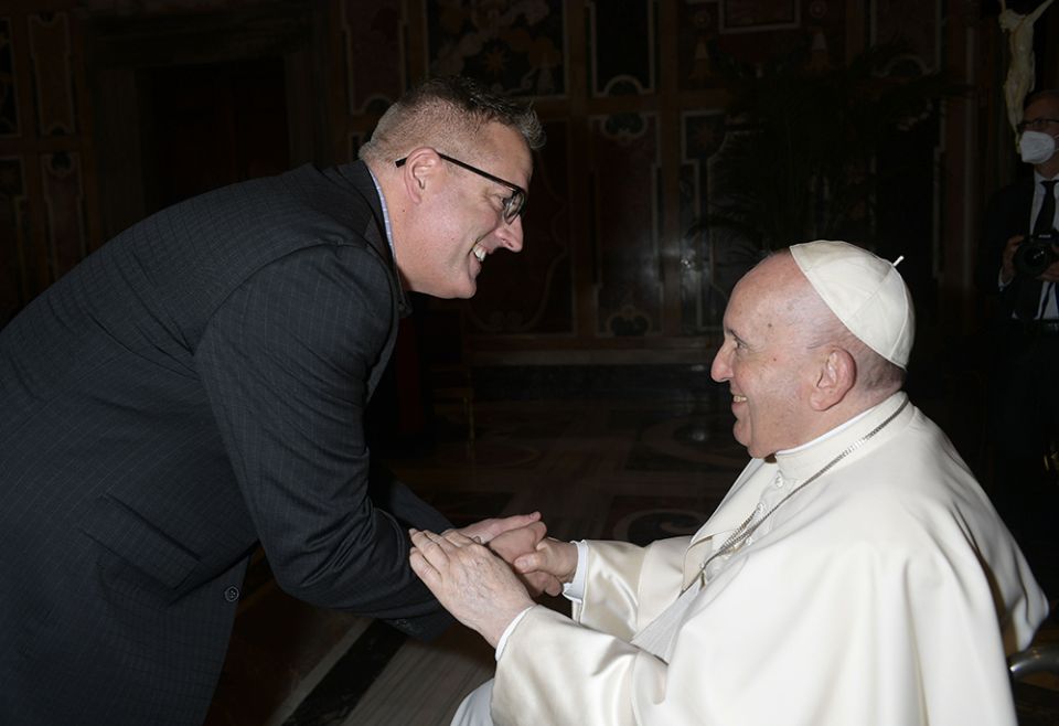 Aaron Bianco, a gay man who received death threats as a San Diego parish worker, meets with Pope Francis May 13 at the Vatican, after speaking at a conference on Amoris Laetitia ("The Joy of Love"). (Courtesy of Aaron Bianco) Aaron Bianco, a gay man who received death threats as a San Diego parish worker, meets with Pope Francis May 13 at the Vatican, after speaking at a conference on Amoris Laetitia ("The Joy of Love"). (Courtesy of Aaron Bianco)