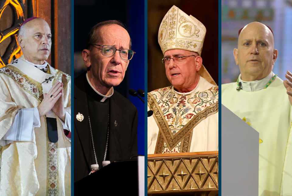 From left: Archbishop Salvatore Cordileone of San Francisco; Bishop Thomas Olmsted of Phoenix; Archbishop Joseph Naumann of Kansas City, Kansas; and Archbishop Samuel Aquila of Denver (CNS photos/Dennis Callahan, Archdiocese of San Francisco; Tyler Orsbur From left: Archbishop Salvatore Cordileone of San Francisco; Bishop Thomas Olmsted of Phoenix; Archbishop Joseph Naumann of Kansas City, Kansas; and Archbishop Samuel Aquila of Denver (CNS photos/Dennis Callahan, Archdiocese of San Francisco; Tyler Orsbur
