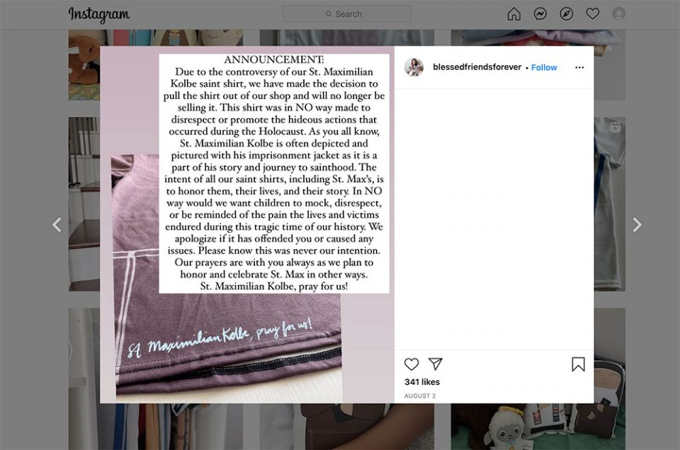Blessed Friends Forever announces it is pulling the St. Maximilian Kolbe T-shirt and apologizes Aug. 2 on Instagram. (NCR screenshot)