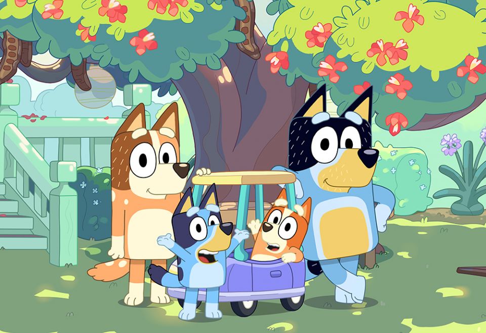 Family tree with Chilli (Mum), Bluey, Bingo and Bandit (Dad) from "Bluey" (Copyright: Ludo Studio 2019)