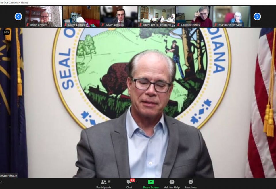 Sen. Mike Braun of Indiana meets virtually with a delegation of roughly 60 Indiana Catholics May 4. (Courtesy of Indiana Catholics for Creation)