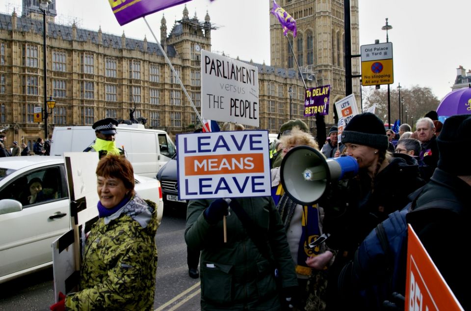 Brexit supporters demonstrate outside Parliament in London Jan. 29. (Wikimedia Commons/ChiralJon)
