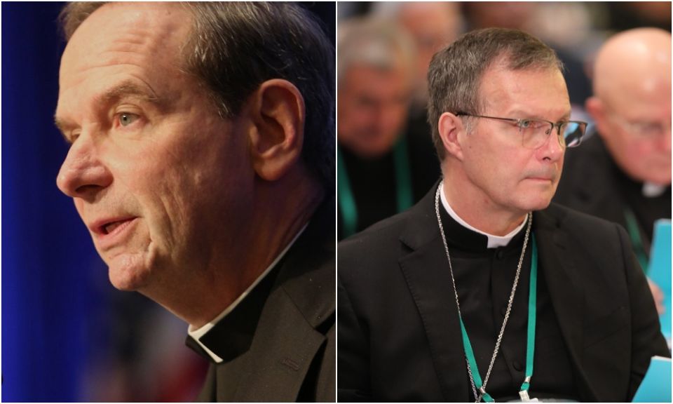 Left, Bishop Michael Burbidge of Arlington, Virginia; right, Bishop William Joensen of Des Moines, Iowa (CNS photos/Bob Roller)