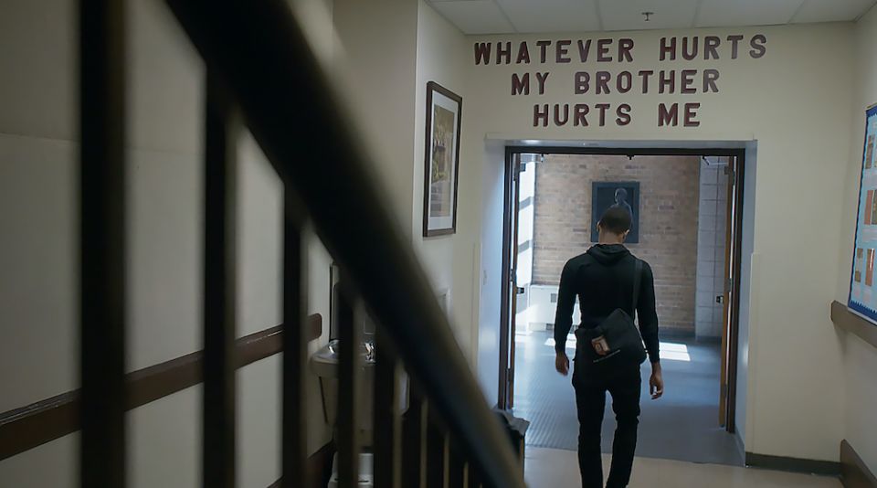 C.J. Wilcher, a student and member of the basketball team at St. Benedict's Preparatory School, in Newark, New Jersey, pictured in the documentary "Benedict Men" (Quibi/Whistle Studios)
