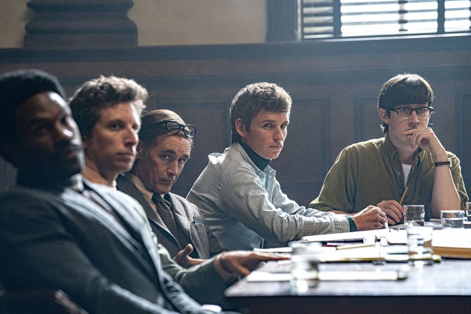 From left to right: Yahya Abdul-Mateen II as Bobby Seale, Ben Shenkman as Leonard Weinglass, Mark Rylance as William Kuntsler, Eddie Redmayne as Tom Hayden, and Alex Sharp as Rennie Davis in "The Trial of the Chicago 7." (Netflix/Nico Tavernise) From left to right: Yahya Abdul-Mateen II as Bobby Seale, Ben Shenkman as Leonard Weinglass, Mark Rylance as William Kuntsler, Eddie Redmayne as Tom Hayden, and Alex Sharp as Rennie Davis in "The Trial of the Chicago 7." (Netflix/Nico Tavernise)