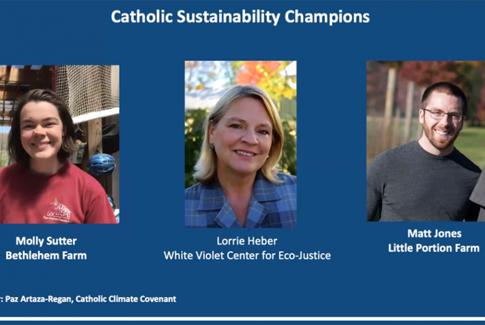 During a webinar June 23 sponsored by Catholic Climate Covenant, representatives from three of CCC's "sustainability champions" spoke on farm-related projects where Catholics are living out Laudato Si'. From left: Molly Sutter of Bethlehem Farm; Lorrie He