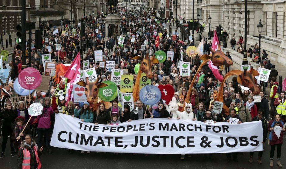 Protesters demonstrate during a rally in London Nov. 29, 2015, ahead of the U.N. climate change conference, known as the COP21 summit, in Paris. (CNS/Reuters/Suzanne Plunkett) Protesters demonstrate during a rally in London Nov. 29, 2015, ahead of the U.N. climate change conference, known as the COP21 summit, in Paris. (CNS/Reuters/Suzanne Plunkett)