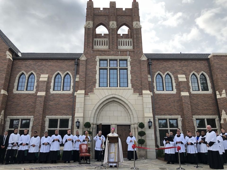 Bishop Peter Jugis of Charlotte, North Carolina, prays during the formal opening and blessing of St. Joseph College Seminary near Mount Holly, North Carolina, Sept. 15, 2020. (CNS/Catholic News Herald/SueAnn Howell)