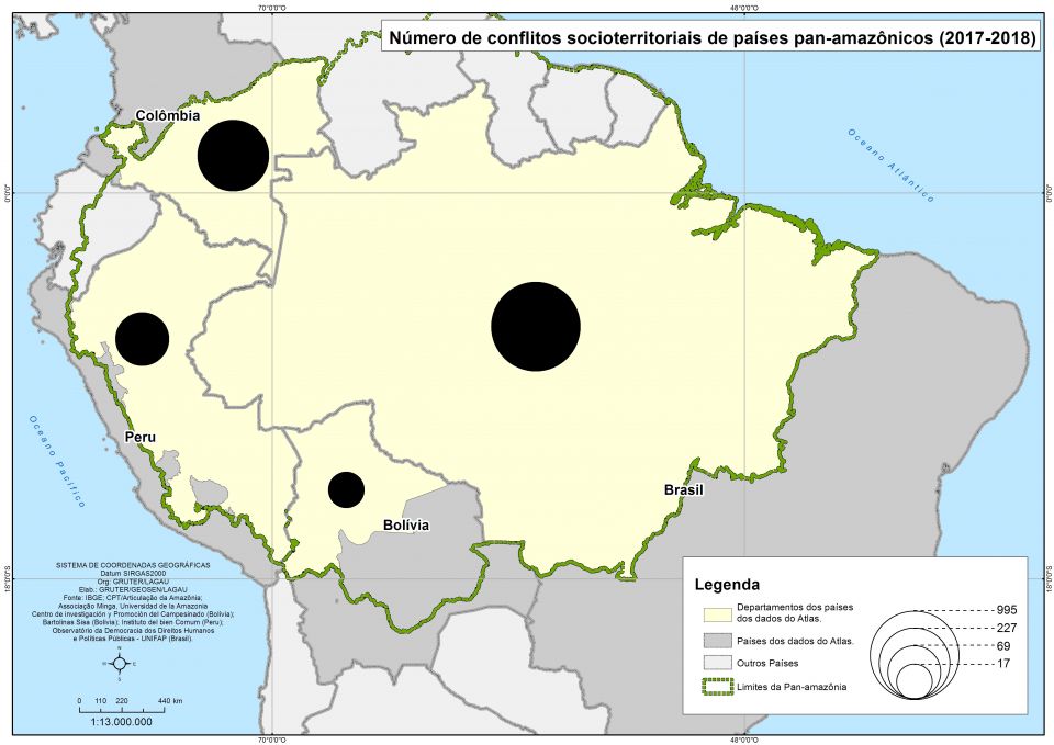 This map from the Pan-Amazonian Socio-Territorial Conflict Atlas (2017-2018) shows 995 conflicts in Brazil, 227 conflicts in Colombia, 69 in Peru and 17 in Bolivia. (CNS/Courtesy of GRUTER, Research and Extension Group on Land and Territory in the Amazon)
