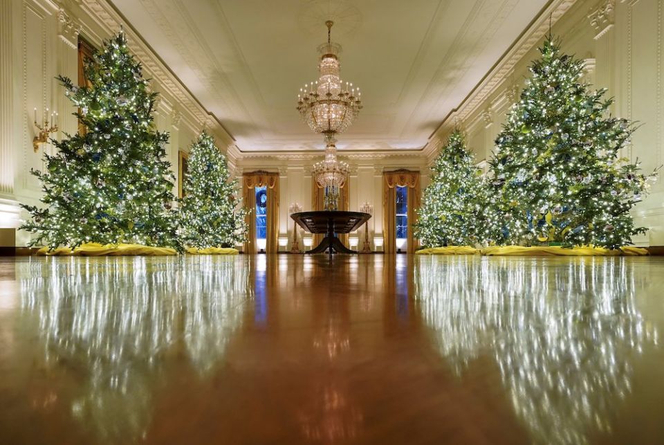 Christmas trees in the East Room of the White House in Washington Nov. 30 (CNS/Reuters/Kevin Lamarque)