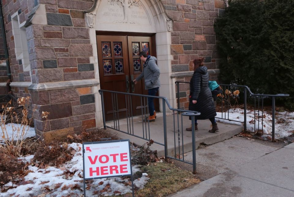 People enter Nativity of Our Lord Church in St. Paul, Minnesota, March 3, when the church served as a polling place for the Super Tuesday presidential primary. (CNS/Catholic Spirit/Dave Hrbacek) People enter Nativity of Our Lord Church in St. Paul, Minnesota, March 3, when the church served as a polling place for the Super Tuesday presidential primary. (CNS/Catholic Spirit/Dave Hrbacek)