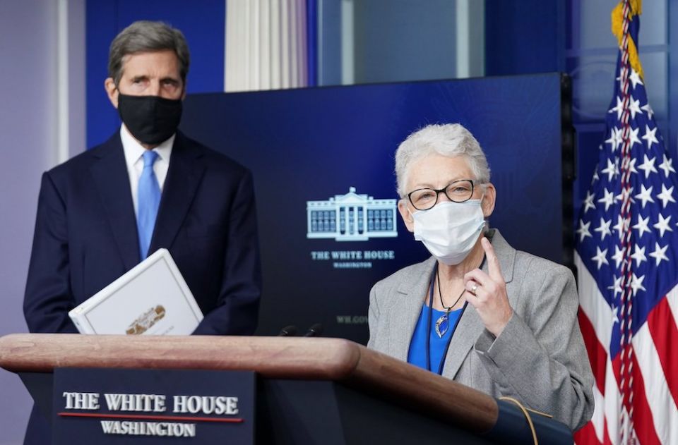 White House national climate adviser Gina McCarthy speaks at a news briefing at the White House in Washington Jan. 27, 2021. Also pictured is U.S. climate envoy John Kerry. (CNS/Reuters/Kevin Lamarque)