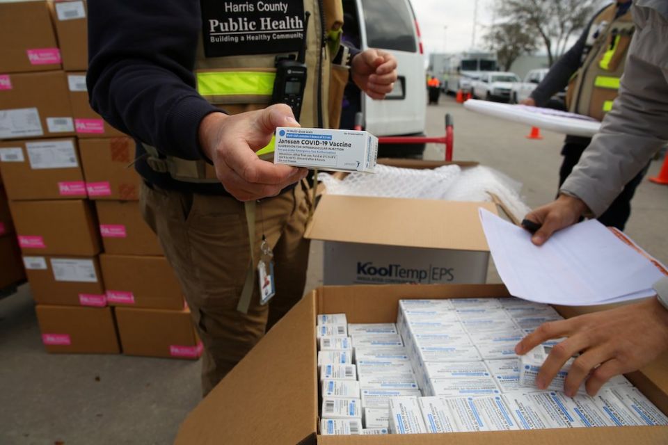 Harris County Public Health workers at NRG Stadium in Houston receive 12,000 doses of the Johnson & Johnson coronavirus vaccine March 2, 2021. (CNS/Reuters/Harris County Public Health)