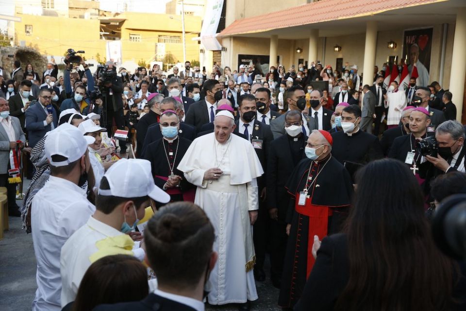 Pope Francis arrives to celebrate Mass at St. Joseph Chaldean Catholic Cathedral in Baghdad March 6, 2021. (CNS/Paul Haring)