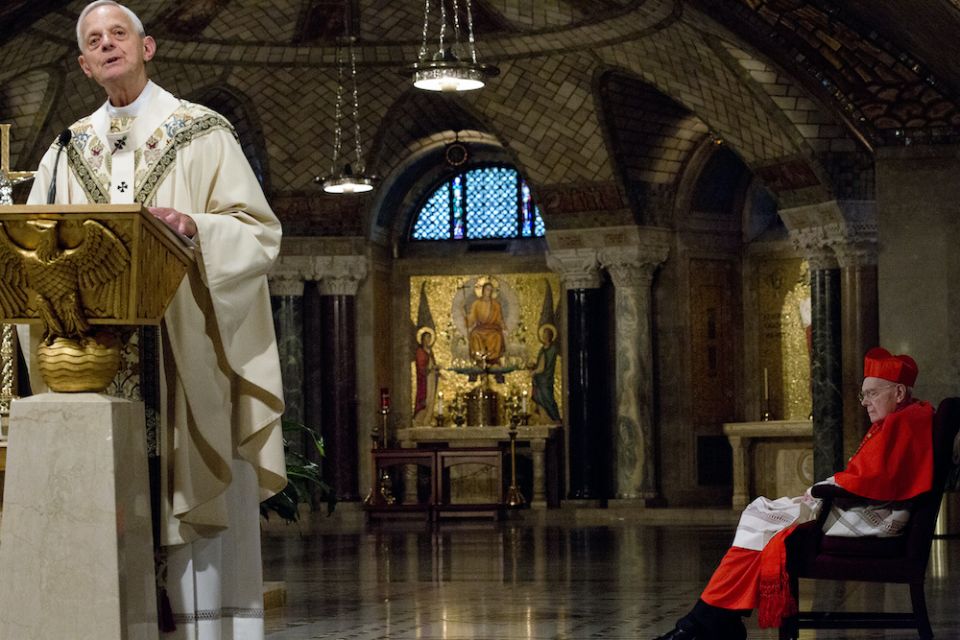 Cardinal Donald Wuerl of Washington delivers the homily during a Mass for peace in Syria and the world Sept. 7, 2013, in the Crypt Church at the Basilica of the National Shrine of the Immaculate Conception in Washington, D.C. At right is Cardinal William Cardinal Donald Wuerl of Washington delivers the homily during a Mass for peace in Syria and the world Sept. 7, 2013, in the Crypt Church at the Basilica of the National Shrine of the Immaculate Conception in Washington, D.C. At right is Cardinal William