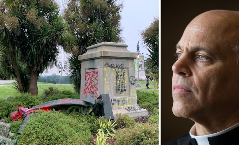 Left: A statue of Junípero Serra statue that was toppled June 19, in Golden Gate Park (CNS/Reuters/David Zandman; Right: San Francisco Archbishop Salvatore Cordileone (CNS/St. Louis Review/Lisa Johnston) Left: A statue of Junípero Serra statue that was toppled June 19, in Golden Gate Park (CNS/Reuters/David Zandman; Right: San Francisco Archbishop Salvatore Cordileone (CNS/St. Louis Review/Lisa Johnston)