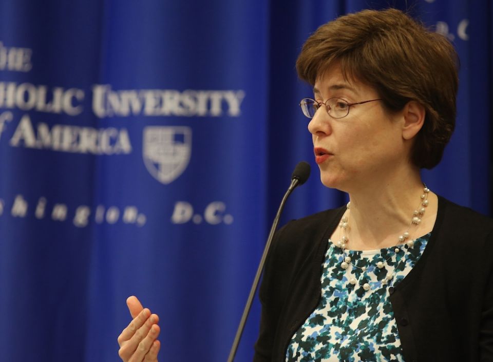 Melissa Rogers speaks during a forum on ending extreme poverty around the world at The Catholic University of America in Washington April 28, 2015, as head of the White House Office of Faith-based and Neighborhood Partnerships. (CNS/Bob Roller)