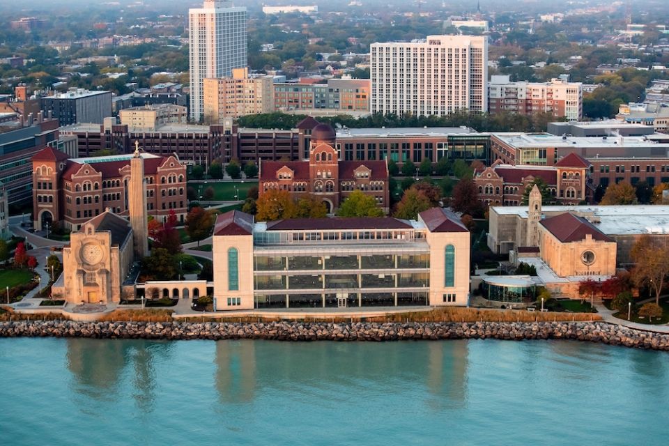 Aerial view of the Lake Shore campus of Loyola University Chicago