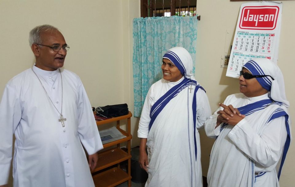 In this September 2015 photo, Bishop Moses Costa of Chittagong, Bangladesh, is seen with two Missionary of Charity sisters after he celebrated morning Mass. (NCR photo/Chris Herlinger) In this September 2015 photo, Bishop Moses Costa of Chittagong, Bangladesh, is seen with two Missionary of Charity sisters after he celebrated morning Mass. (NCR photo/Chris Herlinger)