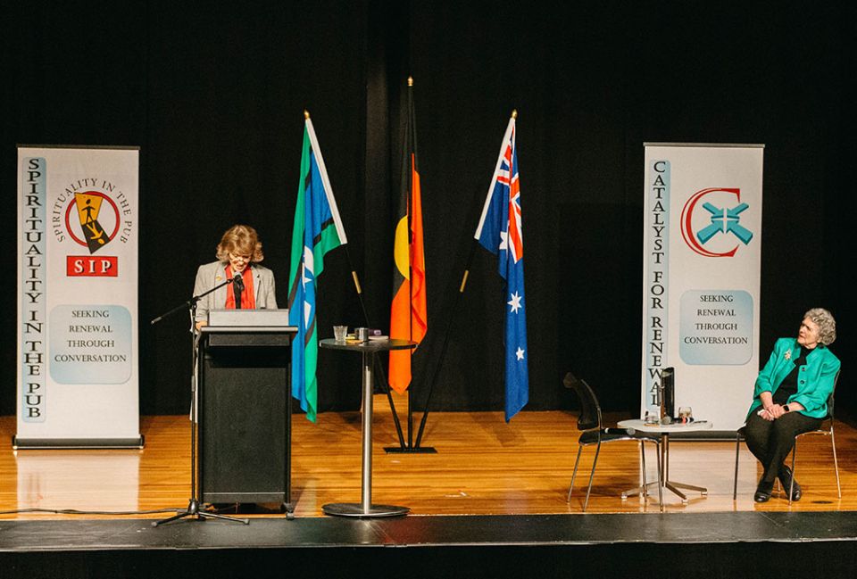 Geraldine Doogue, an Australian journalist, introduces Benedictine Sr. Joan Chittister at a forum hosted by the Australian church reform group Catalyst for Renewal in Sydney on May 31. (Courtesy of Catalyst for Renewal/Darcie Collington)