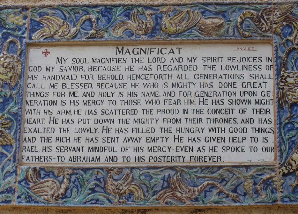 A plaque of the Magnificat in English is seen at the Church of the Visitation in Ein Karem, Jerusalem. (Wikimedia Commons/Deror avi)