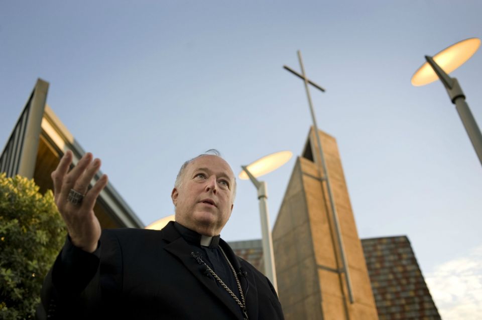 Bishop Robert McElroy is seen in October 2018 at Our Mother of Confidence Parish Hall in San Diego. The parish is among those in the diocese that have installed solar panels. (CNS/David Maung)