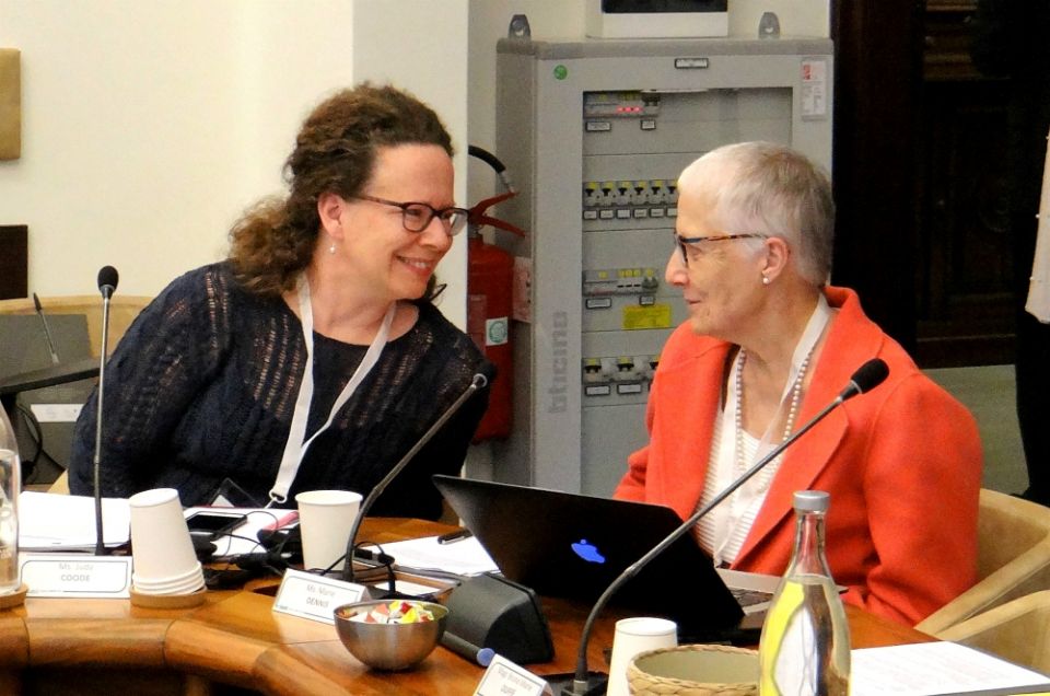 Judy Coode, left, coordinator of Pax Christi International's Catholic Nonviolence Initiative, and Marie Dennis, co-president of Pax Christi, at the April 4-5 Vatican conference on nonviolence (Pax Christi International/Johnny Zokovitch)