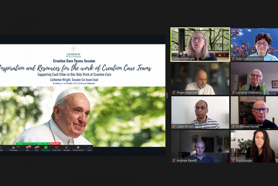 Members of the creation care team working group discuss ways to incorporate ecological education and action into parish life July 15 at the "Laudato Si' and the U.S. Catholic Church" conference. (NCR screenshot)