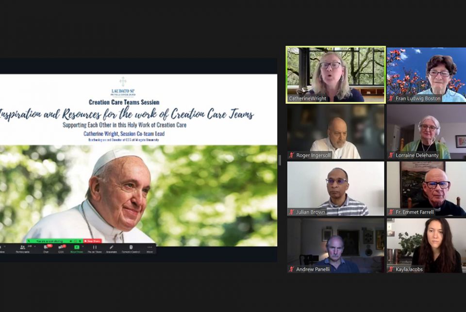 Creation Care Team Members of the creation care team working group discuss ways to incorporate ecological education and action into parish life July 15 at the "Laudato Si' and the U.S. Catholic Church" conference. (NCR screenshot)