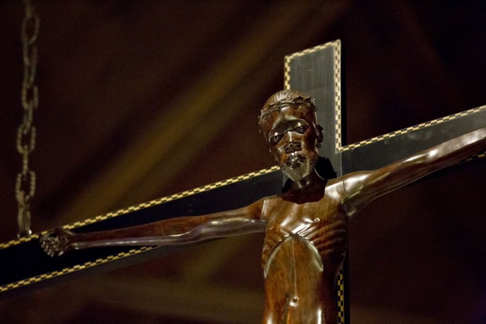 A crucifix featuring Jesus with African features is seen at Assumption Catholic Church in Washington. (CNS/Catholic Standard/Jaclyn Lippelmann)