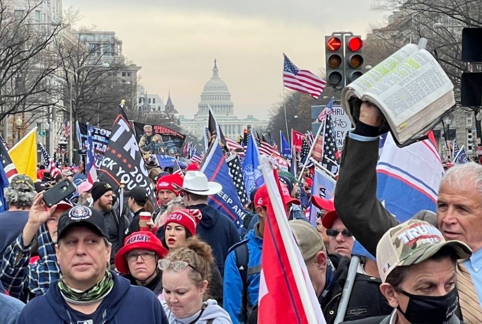People march in Washington, D.C., in support of President Donald Trump, Dec. 12, waving flags and Bibles. The second such march following the election, it included a religious element, the Jericho March's "Let the Church Roar Prayer Rally" on the National People march in Washington, D.C., in support of President Donald Trump, Dec. 12, waving flags and Bibles. The second such march following the election, it included a religious element, the Jericho March's "Let the Church Roar Prayer Rally" on the National