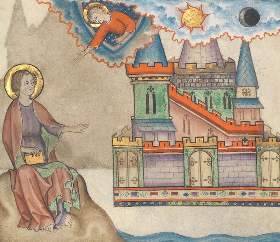 The New Jerusalem, illumination from the 14th-century French Cloisters Apocalypse (Metropolitan Museum of Art)