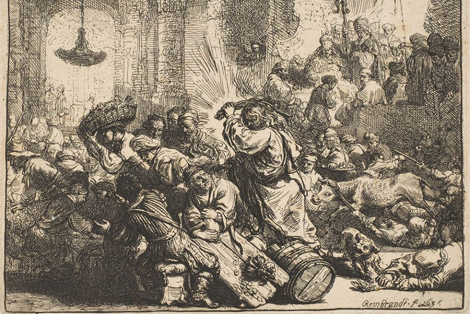 "Christ Driving the Money-Changers from the Temple," by Rembrandt van Rijn, a 1635 etching (Metropolitan Museum of Art)